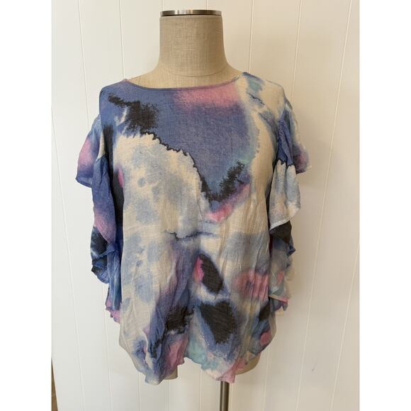 Zac & Rachel Tops - Zac & Rachel Blouse Womens Large Ruffle Sleeve Watercolor Top Lightweight Flowy
